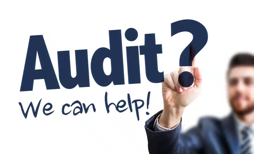 Business Man Pointing the Text: IRS Audit? We Can Help! 